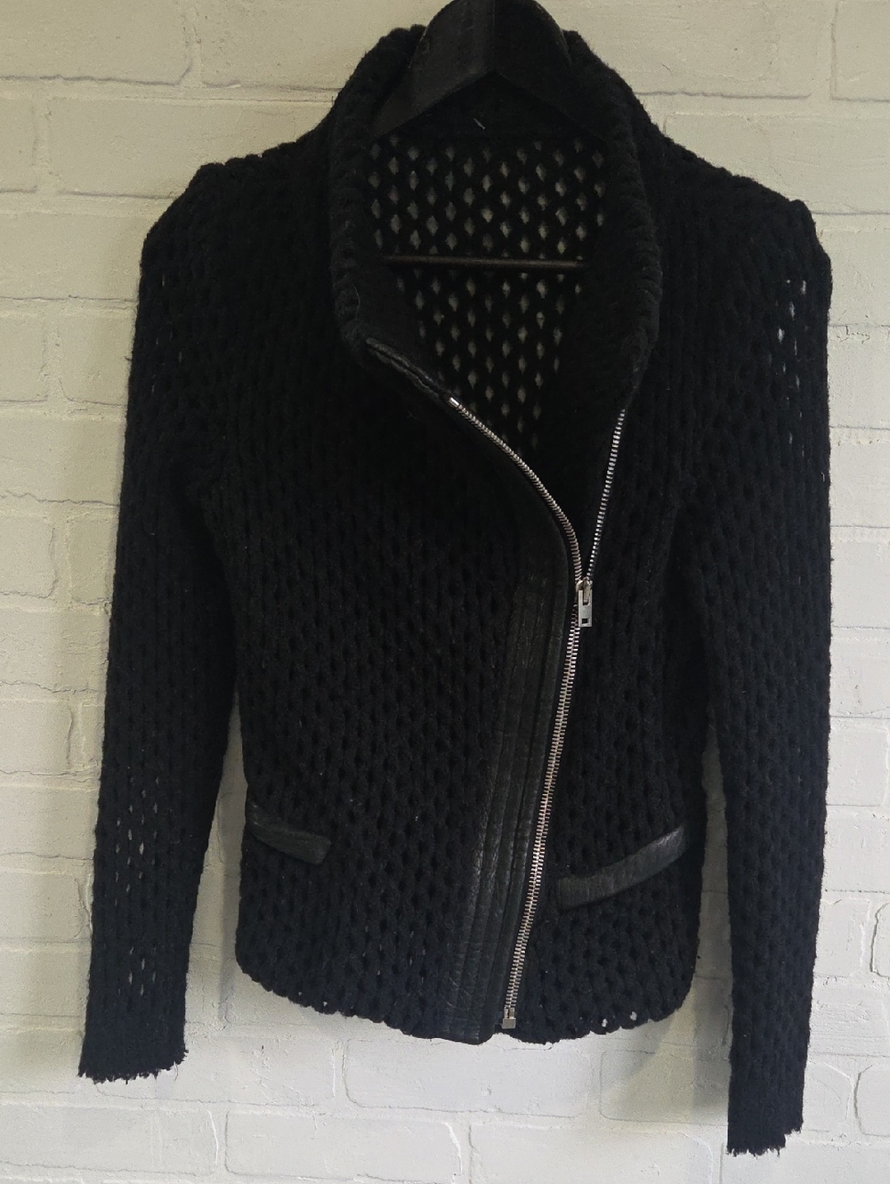 IRO Black Open-Knit Asymmetrical Zip Moto Jacket